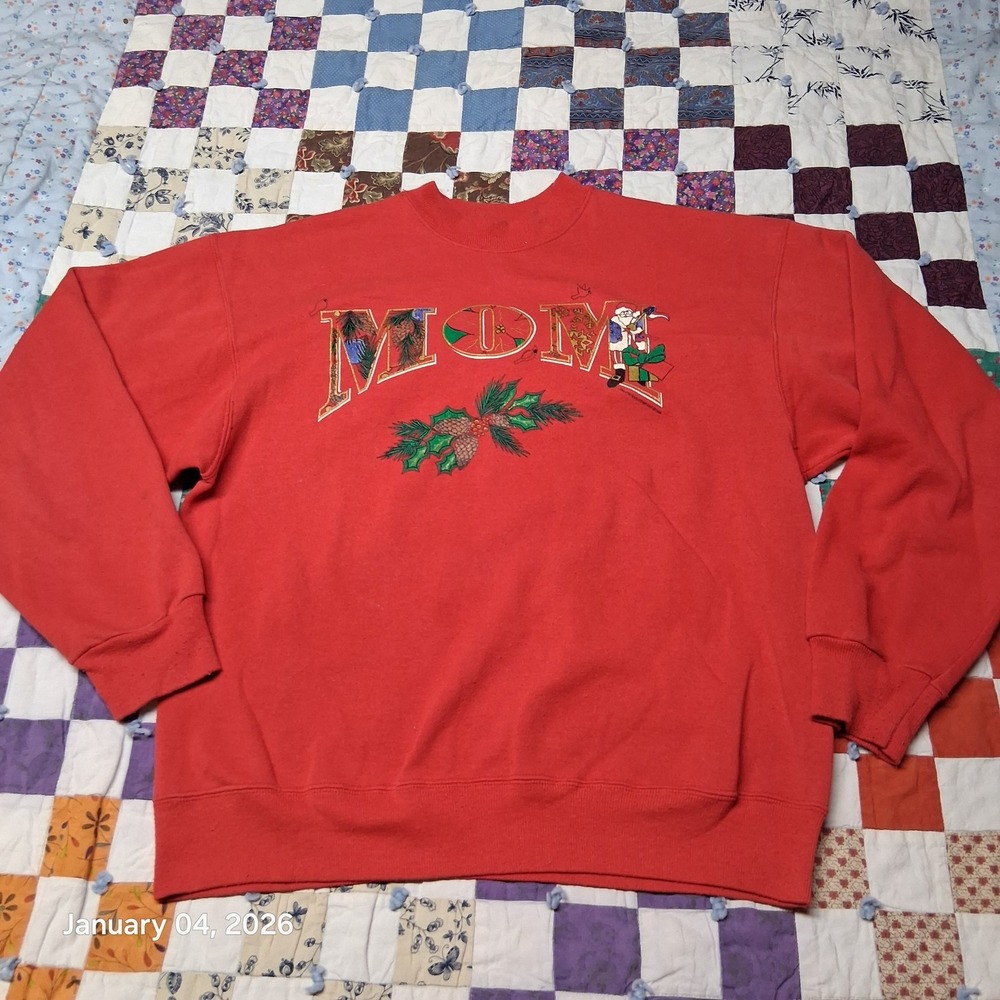 Vintage MOM Red Christmas Sweater Fleece Pullover 1994 Size Large Sweatshirt